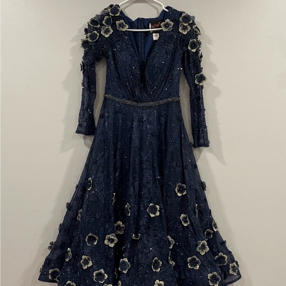 Mac Duggal 67809 Lace Floral Low V-neck Cocktail Midi Dress Gown Midnight 4 - Picture 10 of 10